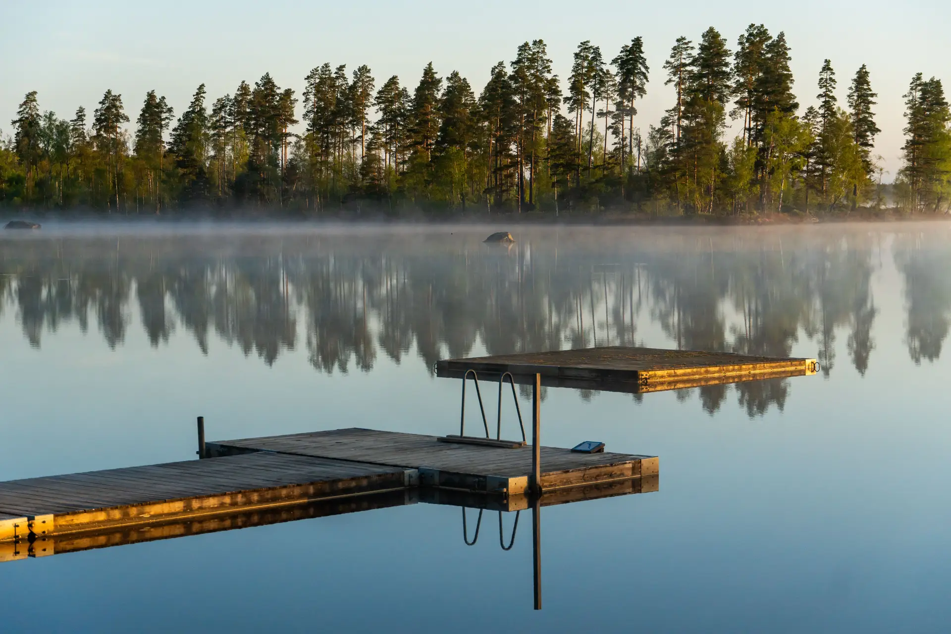 Misty Canadian lake at sunrise with wooden dock and pine reflections